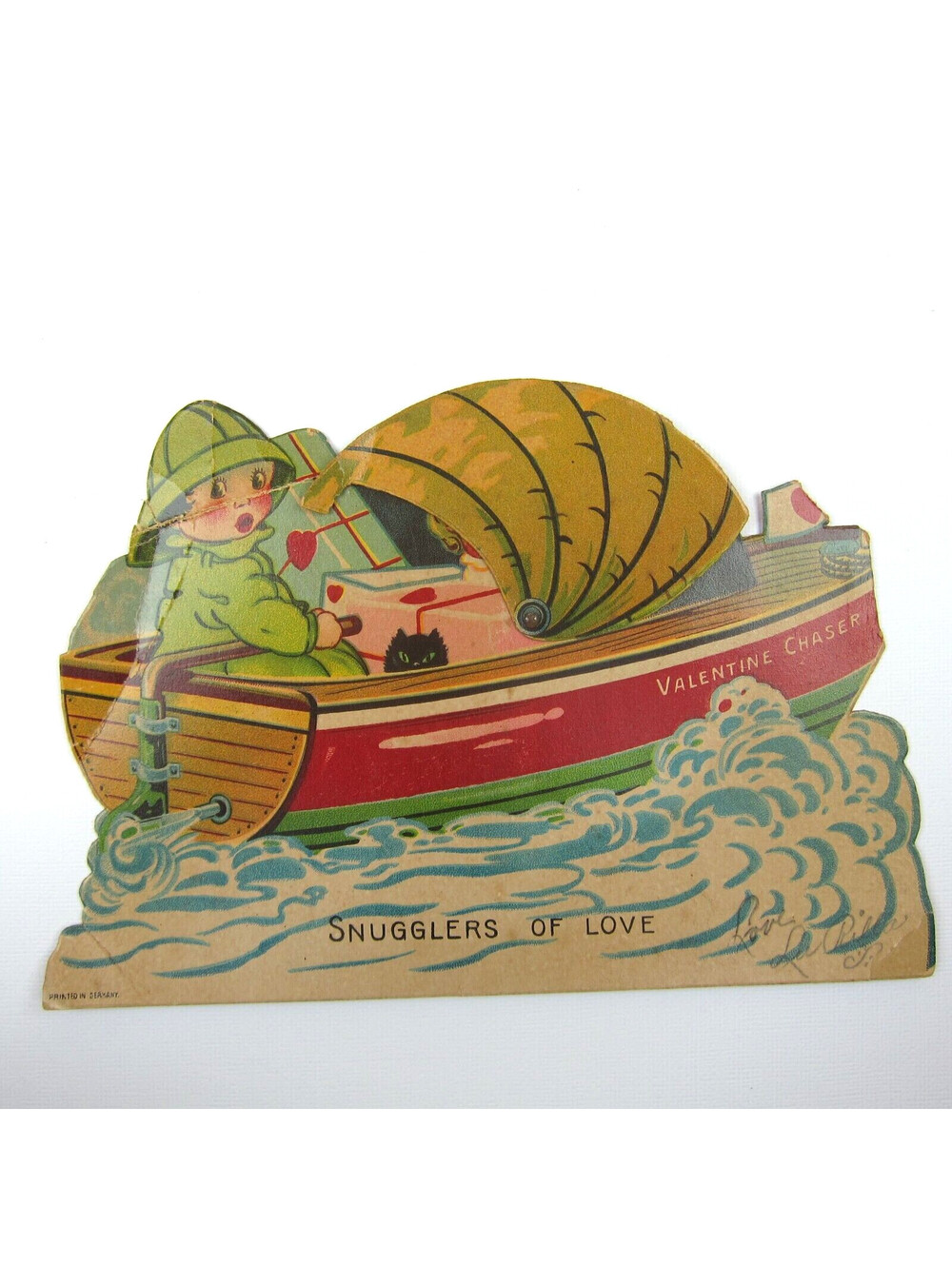 Vintage Valentine Card Mechanical XL Boy & Girl in Boat Canopy Moves 1920s-1930s